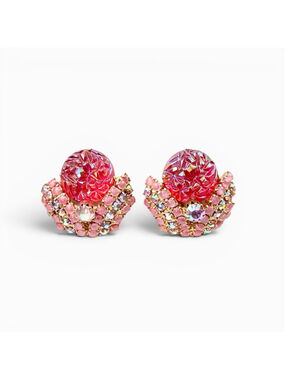 Vintage Czech Pink Starburst Glass Cabochon Earrings Aurora Borealis Rhinestone